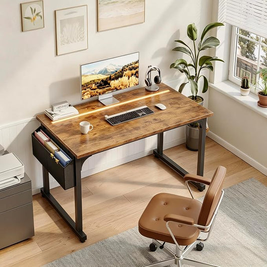 DurayLoly 40" Computer Desk with Waterproof LED Lights,Bedroom Study Desk for Teens,Dorm Room Essentials,Headphone Hook&Storage Bag for Small Spaces,Sturdy Metal Frame,Rustic Brown