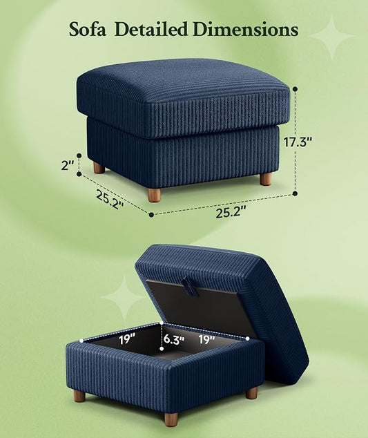 Welzona 25.2" Couches for Living Room, Comfy Blue Ottoman with Storage, Foot Rest Tool-Free Setup, Small Ottoman Foot Rest for Couch, Corduroy Couch for Bedroom, Apartment, Office