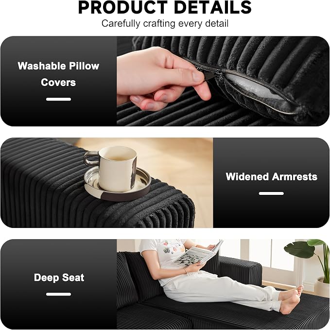 Weture 97" Modular Sectional Sofa, L-Shaped Boneless Couch with Deep Seat, Cozy Cloud Couch Sectional with Convertible Ottoman, Modern Sectional Couches for Living Room( Black)
