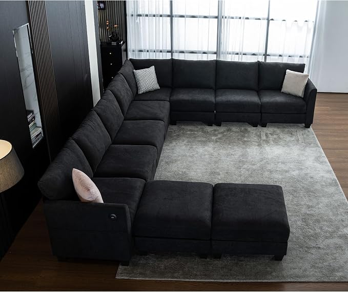 150.4" Large Sectional Couches for Living Room, 8 Seater L Shaped Modular Sectional Sofa with Two Storage Ottomans & USB, Oversized Corner Couch for Living Room(Black)