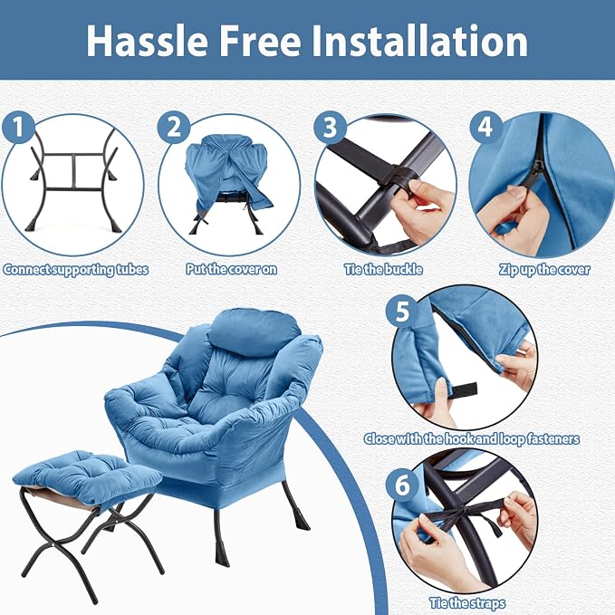 Youtanic Lazy Chair with Folding Ottoman, Accent Chair Velvet Upholstered with Metal Structure and Non-Slip Pads, Sofa Armchair with Footrest and Side Storage Bag for Dorm, Room, Office, Light Blue