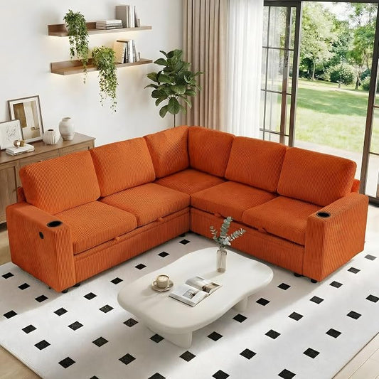 Sectional Sleeper Sofa with Pull Out Bed, Plush Corduroy L Shaped Corner Couch with Storage, USB Ports, Cup Holders, Comfy Sectional Couches for Living Room, Orange