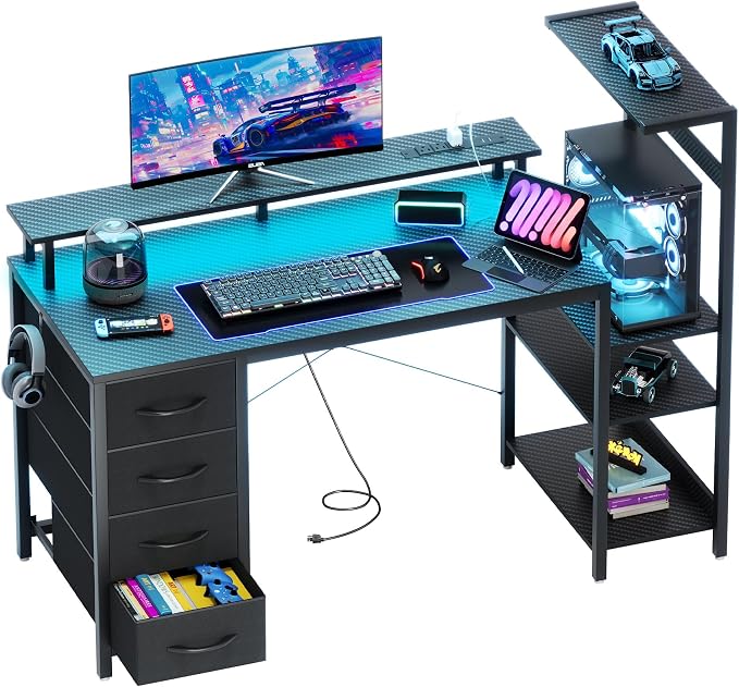 51 Inch Gaming Desk with LED Lights and Power Outlets, Computer Desk with Storage Shelves, Fabric Drawers, Monitor Stand & Side Hook, Reversible Gamer Table for Home Office, Carbon Fiber Black