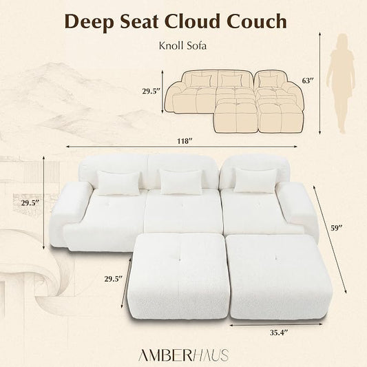 118'' Modular Sectional Cloud Couch Boneless Couches, Oversize Curved Sectional Couches for Living Room, Deep Seat Couch Lambswool Sofa with Ottoman & Throw Pillows, No Assembly, HR Foam