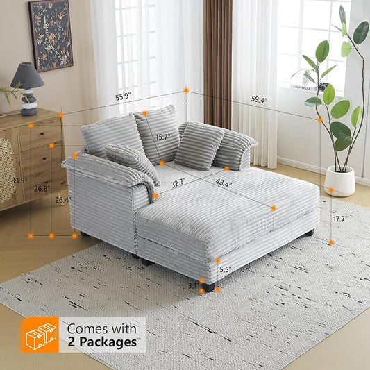 VINGLI 56" Oversized Chaise Lounge Chair, Light Grey Comfy Corduroy Chaise Sofa Recliner Bed Upholstered Sleeper Couch Bed with Throw Pillows and Armrests for Living Room, Movie Room, Bedroom