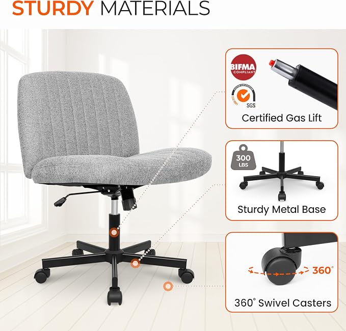 Orange Factory Criss Cross Chair Wheels Wide Cross Legged Office Desk Vanity Chair Comfy Fabric Armless Adjustable Swivel for Home Computer Task (Grey Wheel, Fabric)