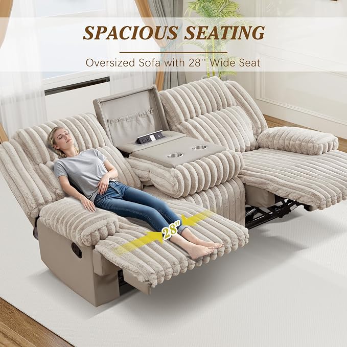 Oversized Reclining Sofa with Flip-Up Middle Backrest, Manual 3 Seater Recliner Sofa, Wall Hugger Recliner Couch with Outlets/USB Ports for Living Room, Bedroom(Beige, Sofa)