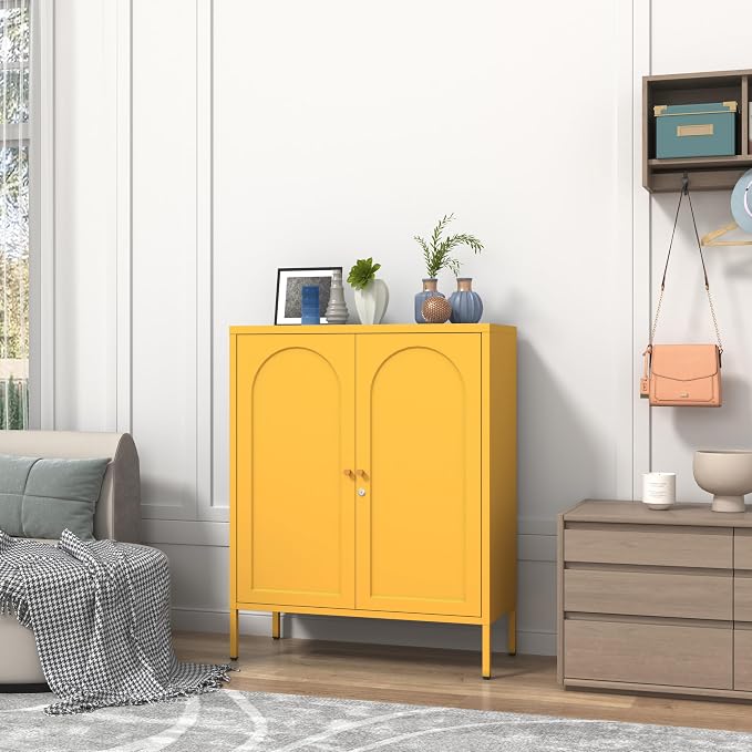 Yellow Lockable Metal Accent Storage Cabinet, 2 Door Freestanding Sideboard with Adjustable Shelves, Kitchen Organizer with Magnetic Doors for Dining Room Living Room Office