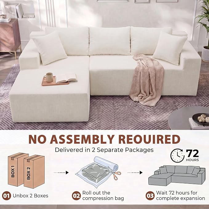 Homall 110" Boneless Sectional Couch, Modular Sectional Sofa L-Shape Couch with Deep Seat, Cloud Comfy Boneless Couch for Living Room, No Assembly Required (Chenille, Beige)