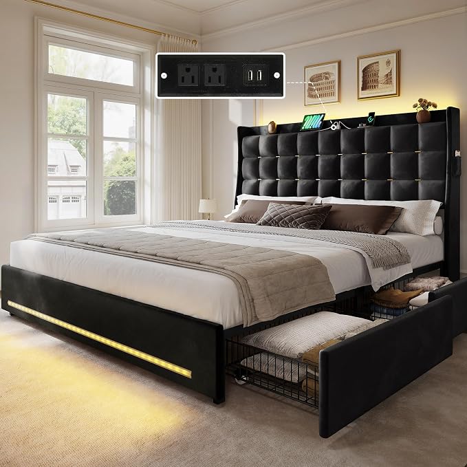 DWVO Queen Size Bed Frame with 4 Drawers and RGB LED Lights, Velvet Upholstered Platform Bed with Charging Station and Storage Headboard, No Box Spring Needed, Easy Assembly, Noise-Free, Black
