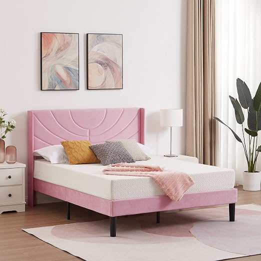 VECELO Queen Size Bed Frame Upholstered Platform with Fabric Headboard/Wooden Slats Support/No Box Spring Needed/Mattress Foundation,Pink
