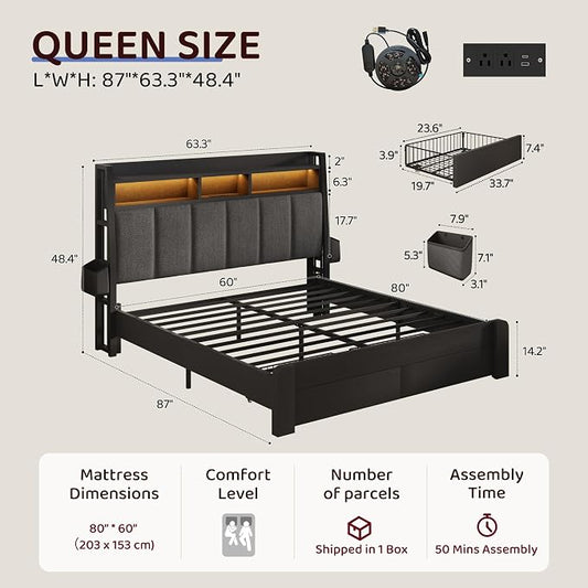 BRELTAM Queen Size Bed Frame with Storage Drawers Upholstered Bed with 2-Tier Storage Headboard and LED Light&Charging Station,Metal Platform Bed Frame Queen Size,Noise Free,No Box Spring Needed,Black