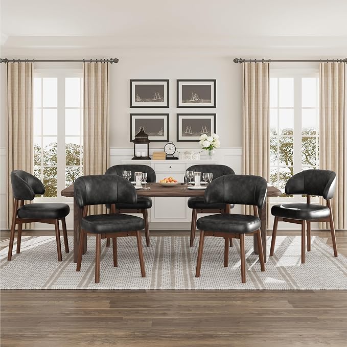 MALOL Wooden Dining Chairs Set of 2, Modern Upholstered Dining Room Chair, PU Leather Kitchen Side Chairs with Curved Open Back for Living Room/Restaurant/Cafe, Black