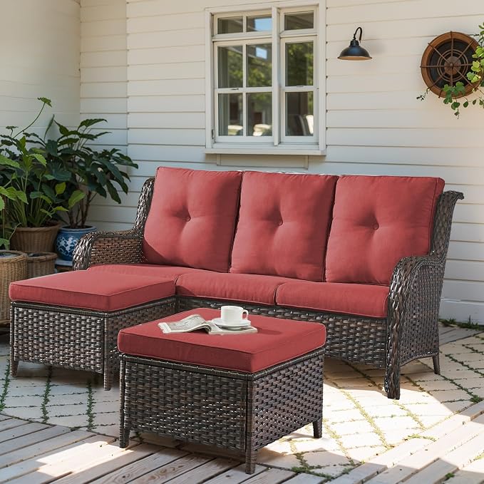 Outdoor Patio Furniture - 3 Seater Outdoor Rattan Wicker Sofa Patio Couch with Ottoman for Porch Deck Garden Backyard - Brown/Red