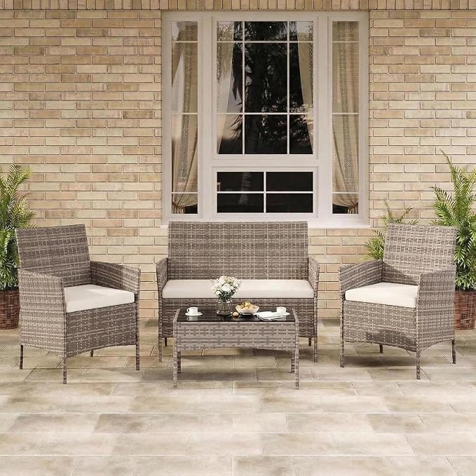 4-Piece Outdoor Furniture Set, PE Rattan Wicker Chairs with Soft Cushions & Tempered Glass Coffee Table - All-Weather Patio Set for Garden, Backyard, Porch, Poolside (Grey/Beige)