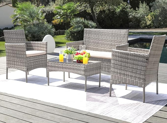 Greesum Patio Furniture 4 Pieces Conversation Sets Outdoor Wickerr Rattan Chairs Garden Backyard Balcony Porch Poolside loveseat with Soft Cushion and Glass Table, Gray and Beige