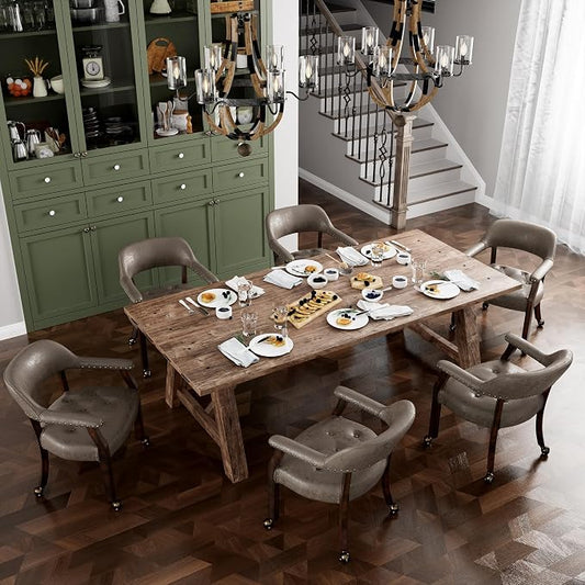 LEEMTORIG Set of 8 Dining Chairs with Casters and Arms, Rolling Dining Chairs with Wheels for Elderly, Ergonomic Wide Seat Wooden Office Chairs, 26"Dx25.2"W, Espresso Legs&Dark Brown Fabric SY-318-DK