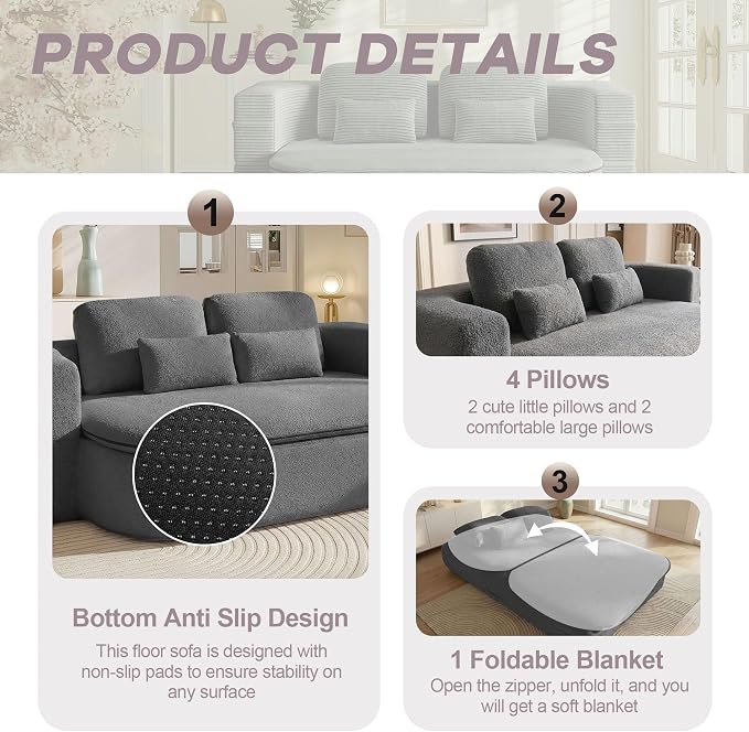 75" Boneless Couch Bed,Fold Up Sleeper Sofa for Adults, Memory Foam Floor Couch with 4 Pillows & Blanket, No Assembly Foldable Guest Bed for Apartment,Living Room