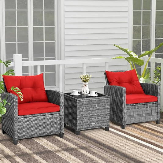 COSTWAY 3PCS Patio Furniture Set, PE Rattan Wicker Sofa w/Washable Cushion and Coffee Table, Tempered Glass Tabletop, Outdoor Conversation Set for Balcony, Porch, Yard, Backyard, Lawn, Red