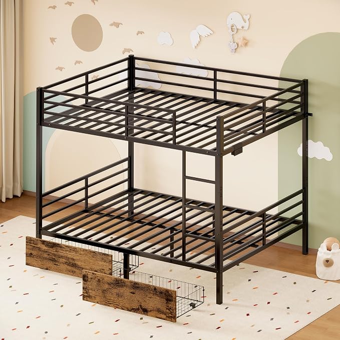 Full Over Full Metal Bunk Bed with 2 Rolling Under-Bed Storage Drawers | Charging Station, Stable Square Tube Frame, Converts to Separate 2 Twin Beds, Full Safety Guardrails & Ladder for Bedroom