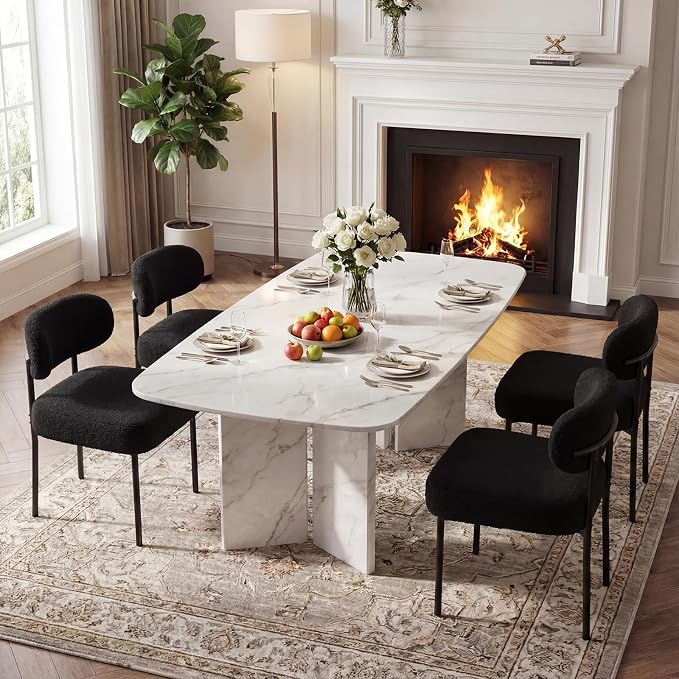 Black Boucle Dining Chairs Set of 8 | 4.3" Thicken Cushion, Kitchen Dining Room, Curved Backrest, Comfortable Upholstered, Mid Century Modern