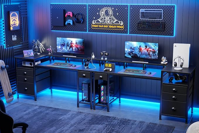 Furologee 60" Black Computer Desk with 4 Drawers and Printer Space, Gaming Desk with LED Lights and USB Power Outlets, Home Office Desk with Fabric File Cabinet,Study Work Table with Shelf for Bedroom