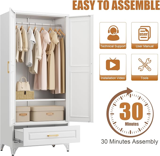 71" Tall Armoire Wardrobe Closet with with Drawer, Metal Storage Wardrobe with Hanging Rod, Clothing Storage Cabinets, White Bedroom Armoires with Adjustable Shelf, Steel Closet Cabinet for Bathroom