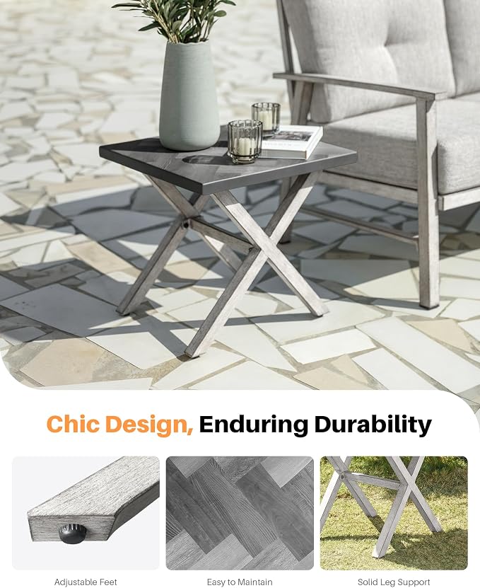 Never-Rust Aluminum Outdoor Side Table, Anti-Rust Outside Patio Side Table with Resin Tabletop, Modern Weather-Resistant Square Patio End Table for Yard, Garden, Poolside, White Oak