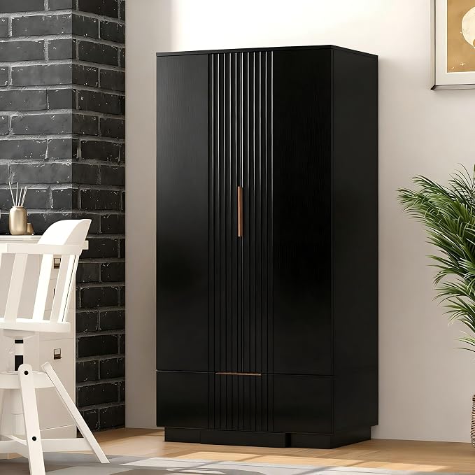 Brafab 67" Fluted Armoire Wardrobe Closet Set of 2 with Drawers and Doors, Wooden Wardrobe Cabinet with Adjustable Shelves, Modern Storage for Clothes, Coats for Bedroom,Black(2 pcs)