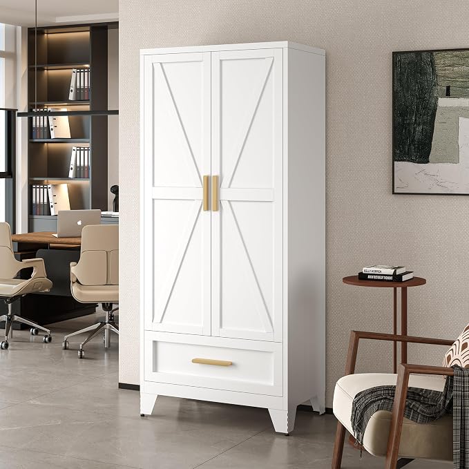 LCAOPC 71" Tall Metal Wardrobe Cabinet with Drawer and Hanging Rod, 2 Doors Armoire Wardrobe Closet with Shelf for Bedroom, Office, Laundry Room, White