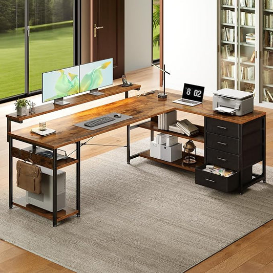 AODK 69" L Shaped Desk with Drawer, Computer Desk with Power Outlets & LED Lights, Reversible Corner Gaming Desks for Home Office Workstation, Office Table with Monitor Shelf, Vintage