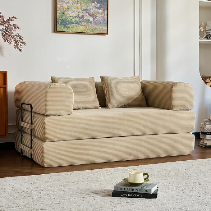 ZEIINPA 59“ Convertible Floor Sofa Bed, 5-in-1 Futon Sofa Bed Pull Out Sleeper Couch, Modern Corduroy Compressed Loveseat, Modular Boneless Couches for Living Room, No Assembly Required, Beige