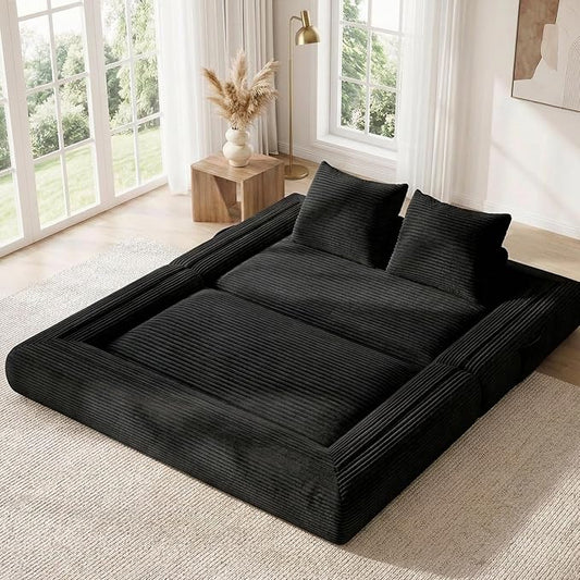 Jocoevol 4-in-1 Convertible Folding Sofa Bed, 78"W x 68"L Queen Size Foldable Sleeper Sofa Bed, Wide Corduroy Upholstery, Boneless Mattress Couch with Armrests & Neck Pillow for Living/Bedroom, Black