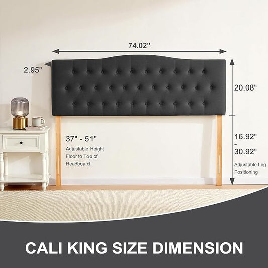 Tufted Headboard California King Size, Sturdy Solid Wood Head Board, Black | Upholstered California King Headboard with Solid Wood Legs, Adjustable Height 37-51 in, Fabric Button Diamond HeadBoards