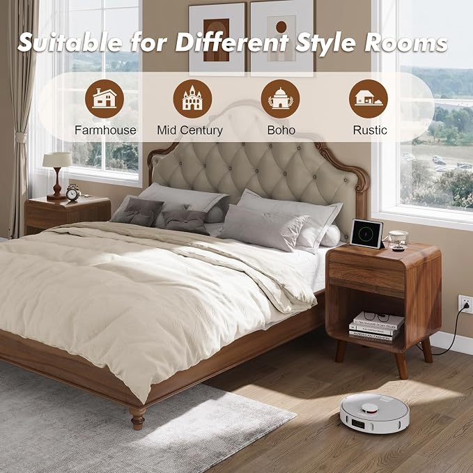 Nasonet 6 Drawer Dresser and Nightstands Set with Charging Station, Wood Mid-Century Modern Dresser and Nightstand 3 Pieces for Bedroom, Living Room, Walnut
