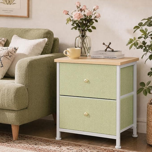 Sweetcrispy Nightstand with 2 Storage Drawers, Small Bedside Table | 20" Height End Table, Wooden Top Fabric Cabinet for Bedroom, Furniture, Closet, College Dorm, Light Green