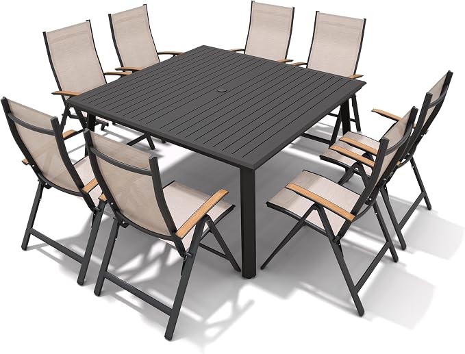 Pellebant 9 Pieces Aluminum Patio Table and Chairs Set - 57" Square Table and Foldable Chair Outdoor Dining Set with Umbrella Hole, Weather Resistant Sturdy Frame for Deck, Porch & Backyard