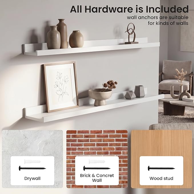 Axeman Picture Ledge Shelf | 40 Inch Floating Shelves Set of 4 | White Wall Shelves with Lip | White Picture Shelf for Wall with Ledge | Wood Photo Ledges for Living Room Bedroom