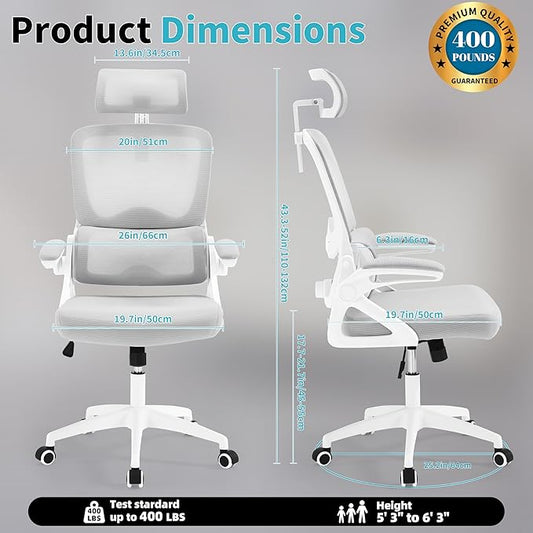 Ergonomic Office Chair,Mesh Office Chair with Lumbar Support,High Back Desk Chair with Flip-up Arms,400 lbs Big and Tall Computer Chair with Headrest,Comfy Desk Chairs (Light Grey)
