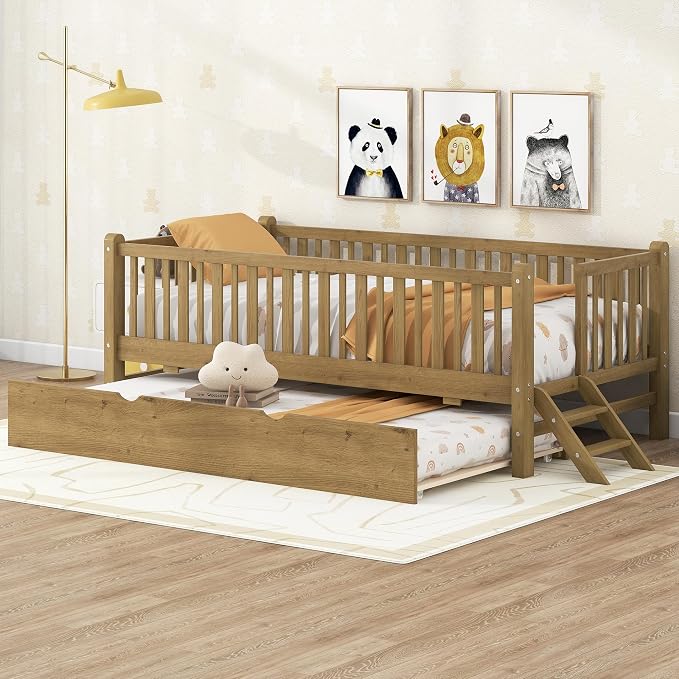 Merax Wood Twin Size Platform Bed with Guardrail and Trundle, Kids Bed Frame with Stairs, Walnut