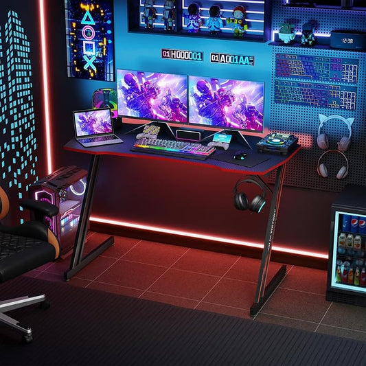 BestOffice Gaming Desk Z Shaped 47 inch PC Computer Desk Computer Workstation Ergonomic Gaming Table with Headphone Hook for Game Players, Black&Red