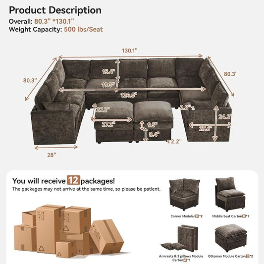 130" Brown Oversized Modular Storage Sofa, U Shaped Chenille Cloud Couch | Oversized Convertible Sectional Sofa, 9-Seat Sectional Couch With 2 Ottomans, Large Cloud Couch For Living Room, Apartment.