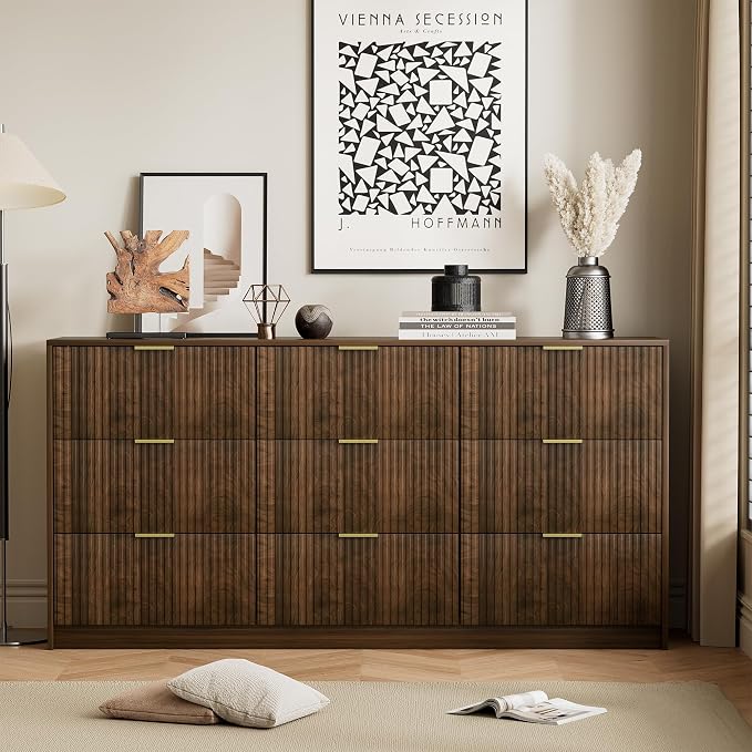 Furniway Walnut Dresser for Bedroom, Modern Dresser with 9 Drawers and Smooth Slides, Wide Chest of Drawers with Golden Handles for Bedroom, Living Room, Closet, 15.7" D x 63" W x 31.5" H