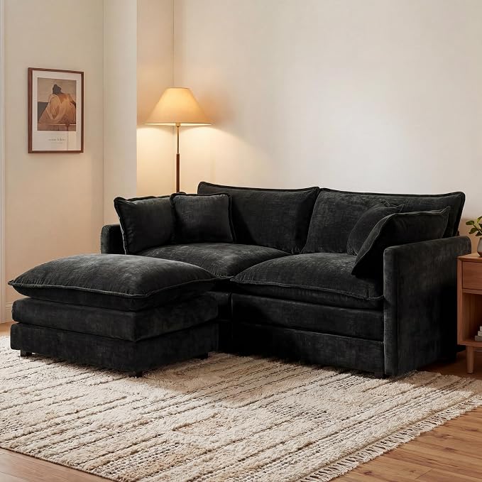 76.7" Modular Sectional Sofa with Ottoman, Modern L Shaped Sectional Couch, Comfy Cloud Couch for Living Room, Loveseat Chenille Deep Seat Sofa with Pillow for Bedroom Apartment, Small Spaces, Black