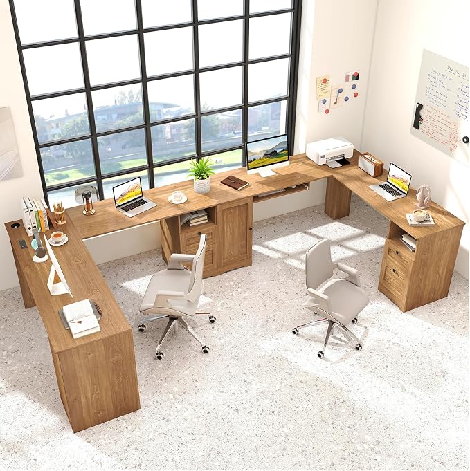 Giantex 66" L-Shaped Desk with Storage Drawers & Charging Station, Spacious Corner Computer Desk with Keyboard Tray, Adjustable Shelf, Cabinet, Huge Workspace Home Office Study Writing Desk (Natural)