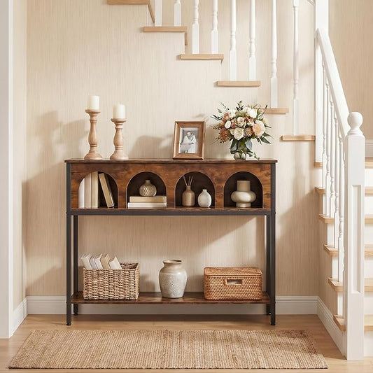HOOBRO Narrow Console Table, Entryway Table with 3-Tier Storage, Sofa Table, Behind Couch Table with Arched Design for Living Room, Entrance, Hallway, Rustic Brown and Black BF106XG01