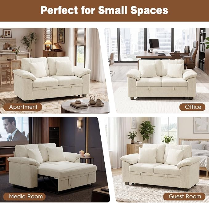 Ihanherry 61" Loveseat Sleeper Sofa, 2-in-1 Pull Out Couch Bed with 2 Pillows, Chenille Convertible Sofa Bed, Small Space Sleeper Couch for Living Room Apartment (Beige)