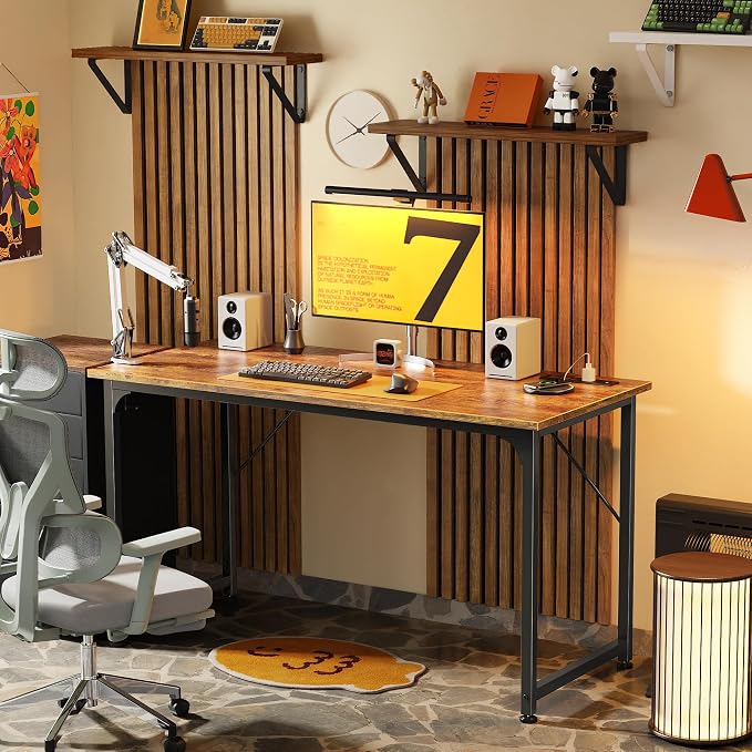 PRAISUN 47 X 20 Inch Office Computer Desk with Power Outlets and USB-C Port, Larger Gaming Desk, for Home Office, Study, Bedroom, Writing Work from Home Table, Metal Frame, Rustic Brown