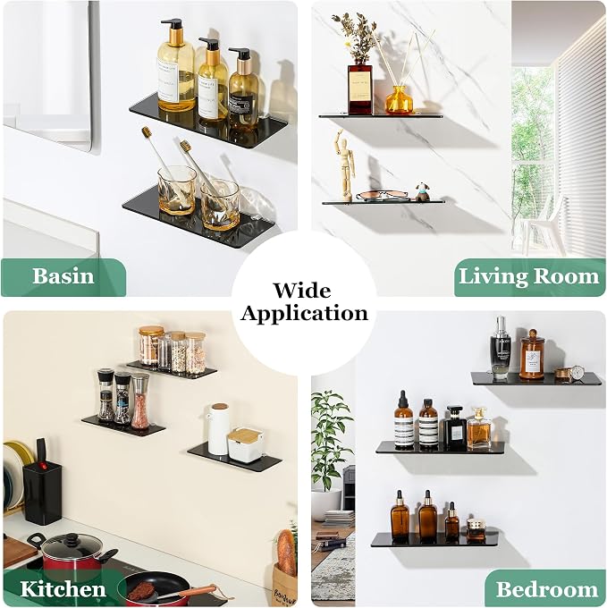 SAYAYO Glass Floating Shelves for Wall, Tempered Glass Shelves for Bathroom, Living Room, Bedroom, Office, Toilet, Kitchen Decor, 12Inch Set of 3, Black
