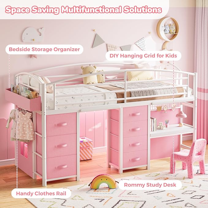 Low Loft Bed Twin Size with 7 Storage Drawers, Desk and LED Lights, Heavy Duty Metal Kids Loft Bed with 13.8" H Safety Guardrail, Anti-Collision Pad, Private Play Curtain, Under-Bed Play Space - Pink